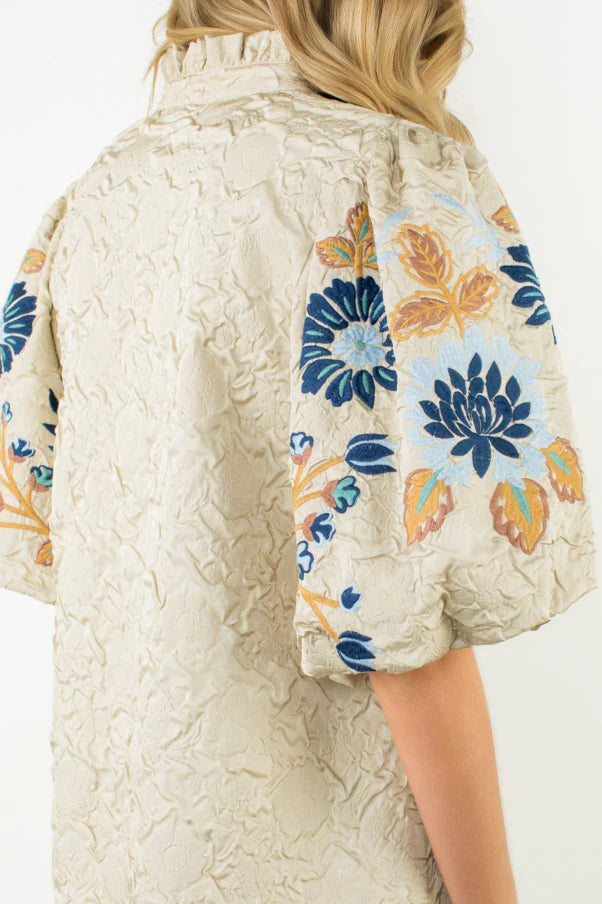 London Embroidered Puff Sleeve Textured Top