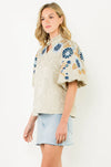 London Embroidered Puff Sleeve Textured Top