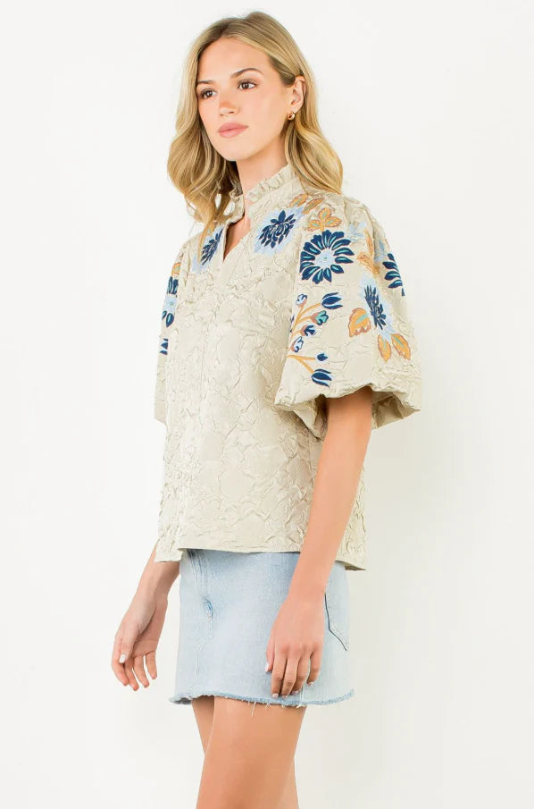 London Embroidered Puff Sleeve Textured Top