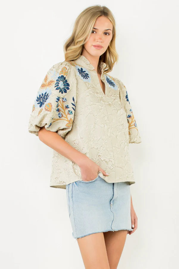London Embroidered Puff Sleeve Textured Top