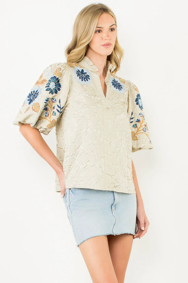 London Embroidered Puff Sleeve Textured Top