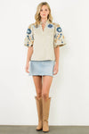 London Embroidered Puff Sleeve Textured Top