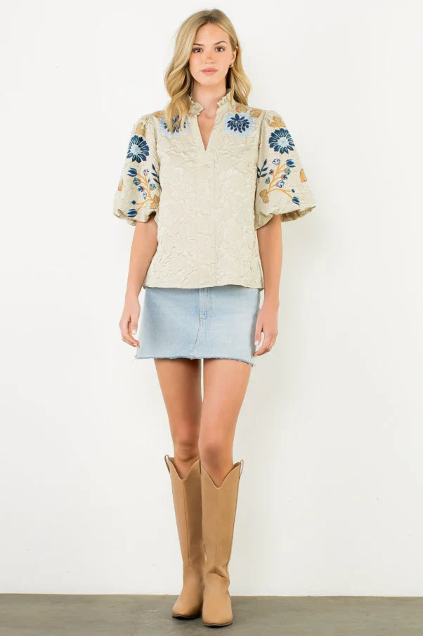 London Embroidered Puff Sleeve Textured Top
