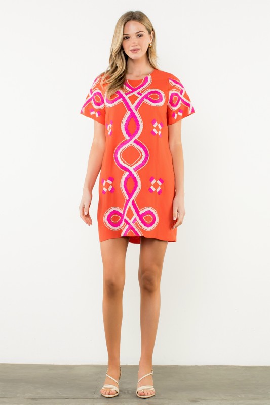 The Weston Embroidered Shift Dress in Orange