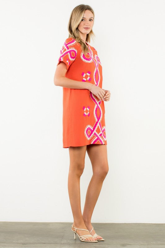 The Weston Embroidered Shift Dress in Orange
