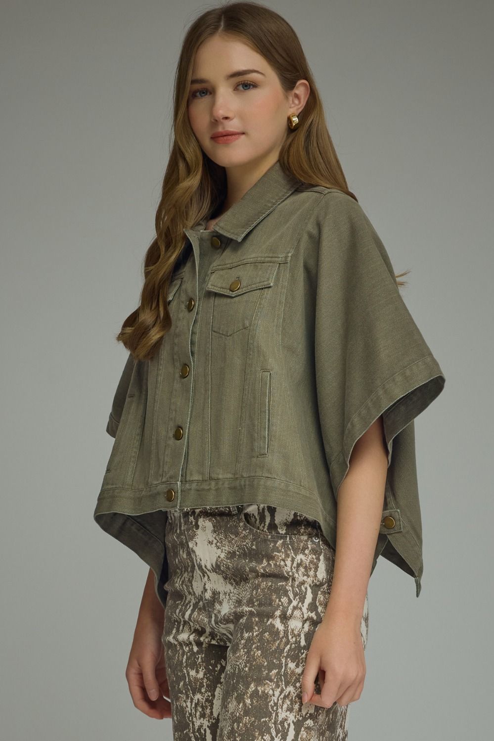 The Autumn Ease Denim Jacket in Olive front view